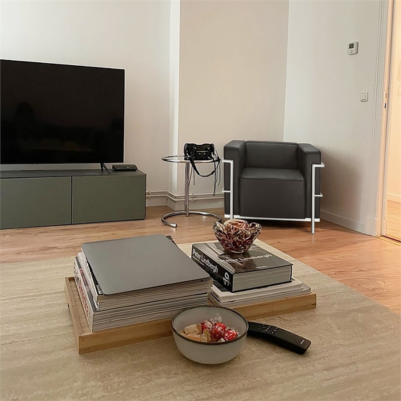 CRO Decor Black Genuine Leather Armchair with Encasing Stainless Steel Frame