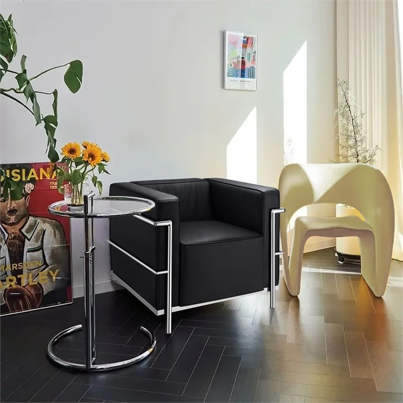 CRO Decor Black Genuine Leather Armchair with Encasing Stainless Steel Frame