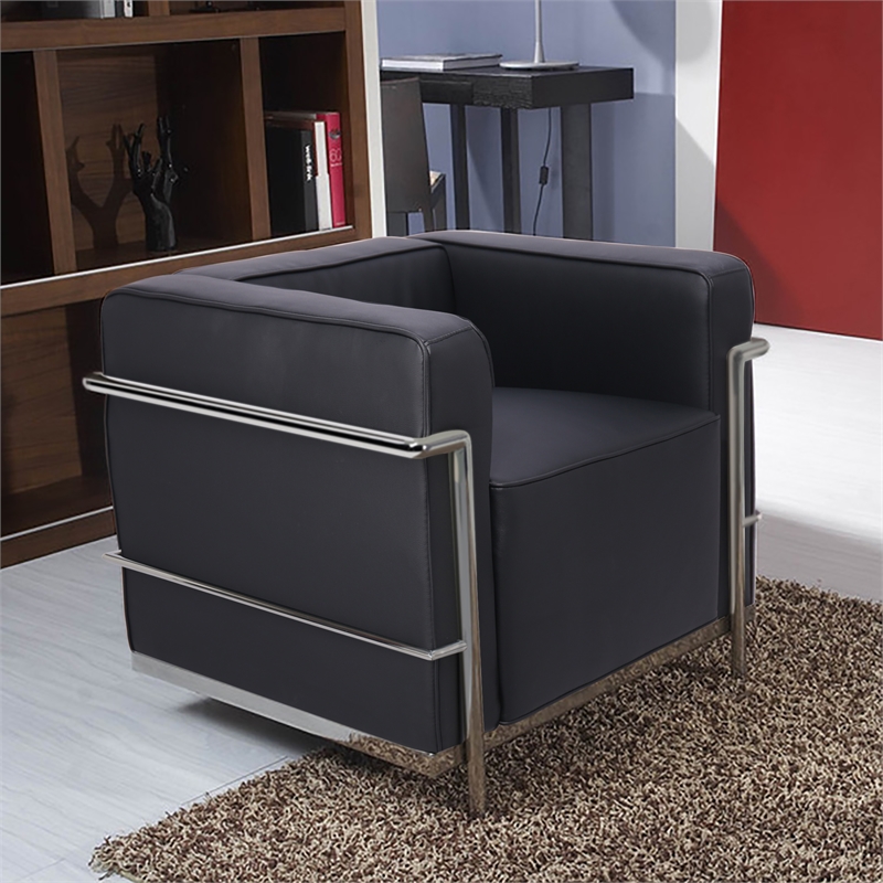 CRO Decor Black Genuine Leather Armchair with Encasing Stainless Steel Frame