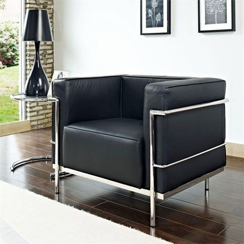 CRO Decor Black Genuine Leather Armchair with Encasing Stainless Steel Frame