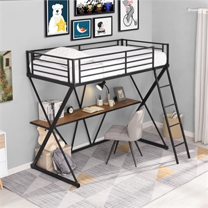 CRO Decor Twin Loft Bed with Desk Ladder and Full-Length Guardrails -Black Steel