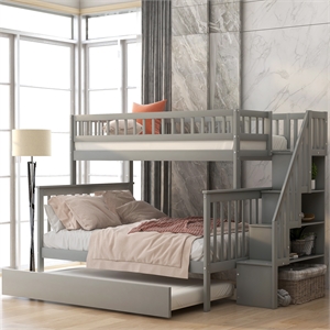 CRO Decor Twin over Full Bunk Bed Wood with Trundle and Staircase (Gray)