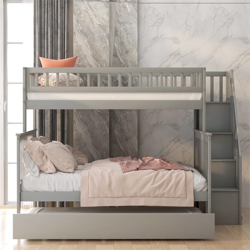 CRO Decor Twin over Full Bunk Bed Wood with Trundle and Staircase (Gray)