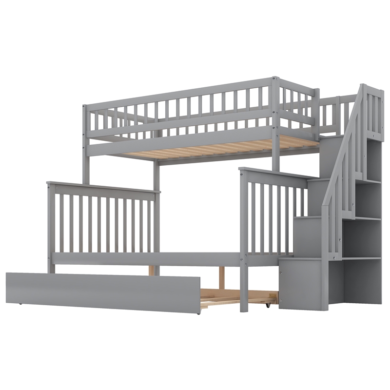 CRO Decor Twin over Full Bunk Bed Wood with Trundle and Staircase (Gray)