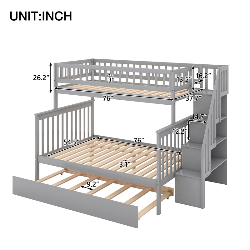 CRO Decor Twin over Full Bunk Bed Wood with Trundle and Staircase (Gray)