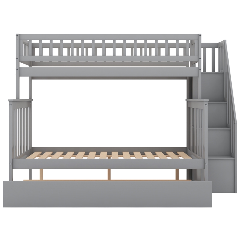 CRO Decor Twin over Full Bunk Bed Wood with Trundle and Staircase (Gray)