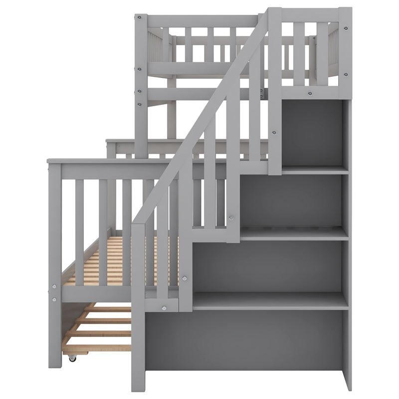 CRO Decor Twin over Full Bunk Bed Wood with Trundle and Staircase (Gray)