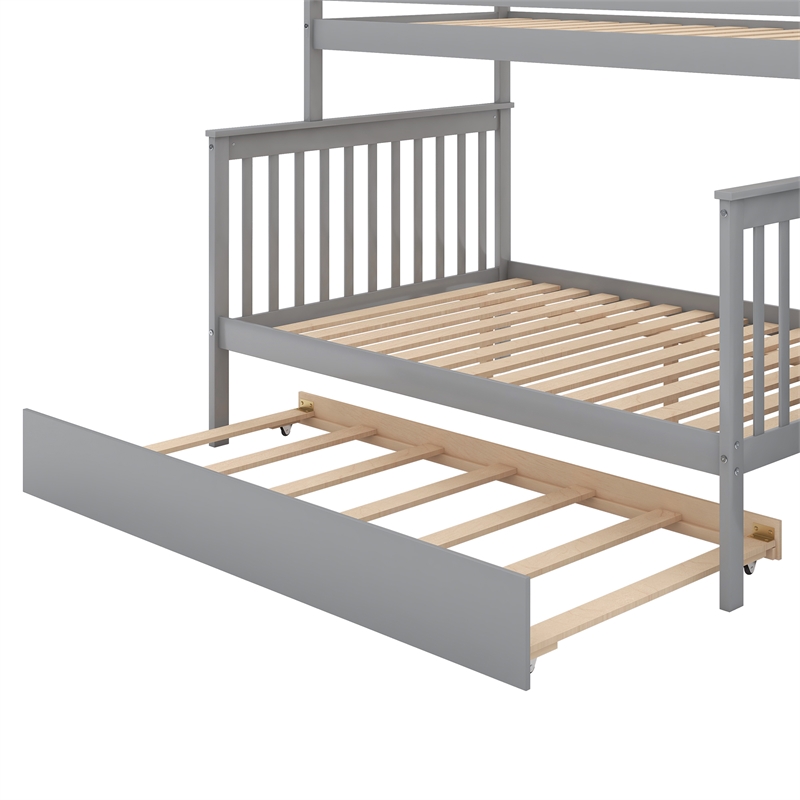 CRO Decor Twin over Full Bunk Bed Wood with Trundle and Staircase (Gray)