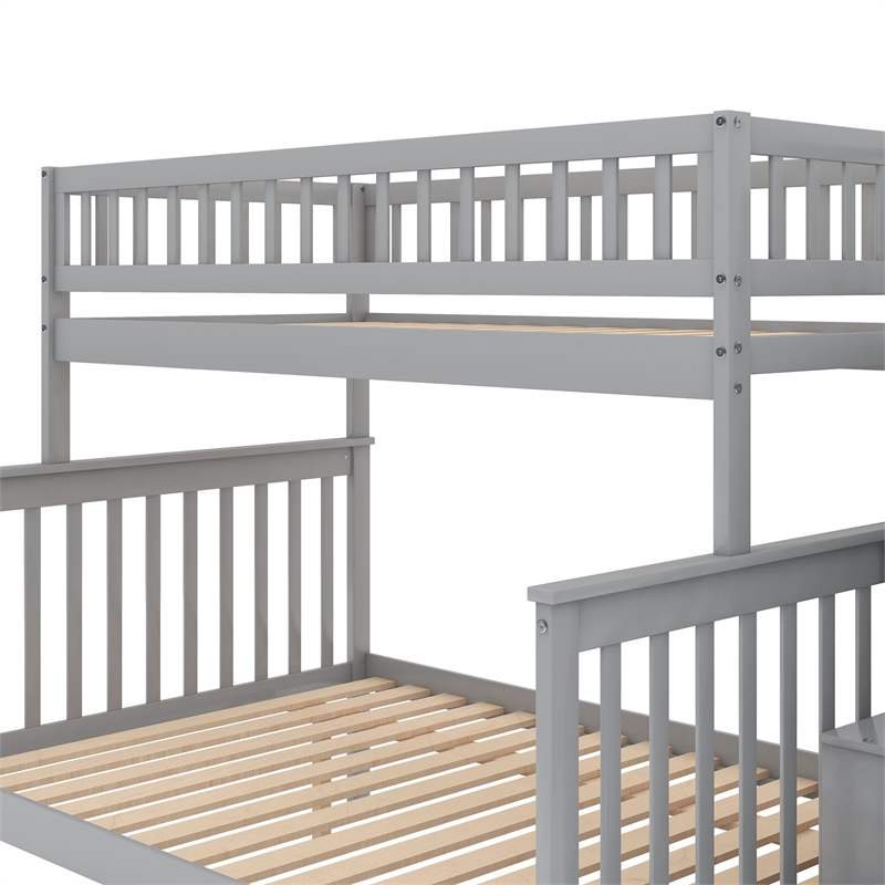 CRO Decor Twin over Full Bunk Bed Wood with Trundle and Staircase (Gray)