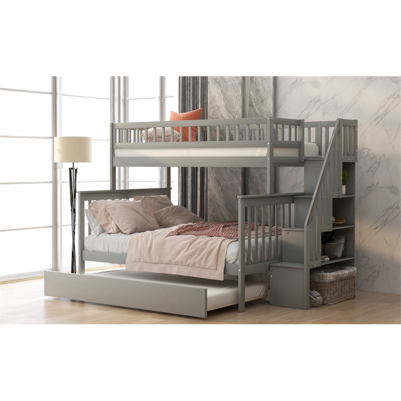 CRO Decor Twin over Full Bunk Bed Wood with Trundle and Staircase (Gray)