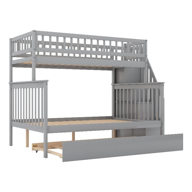 CRO Decor Twin over Full Bunk Bed Wood with Trundle and Staircase (Gray)