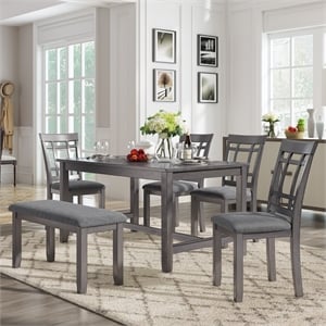 CRO Decor 6PC Wooden Dining Table Set with 4 Chairs and Bench (Antique Graywash)