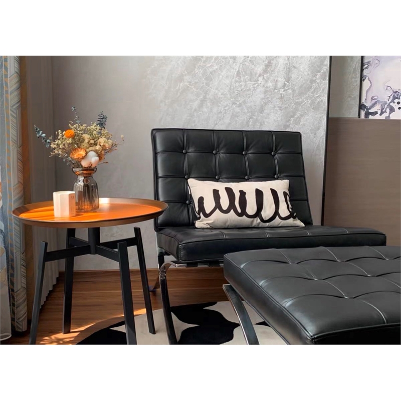 CRO Decor Genuine Leather Cowhide Tufted Accent Lounge Chair With Ottoman(Black)