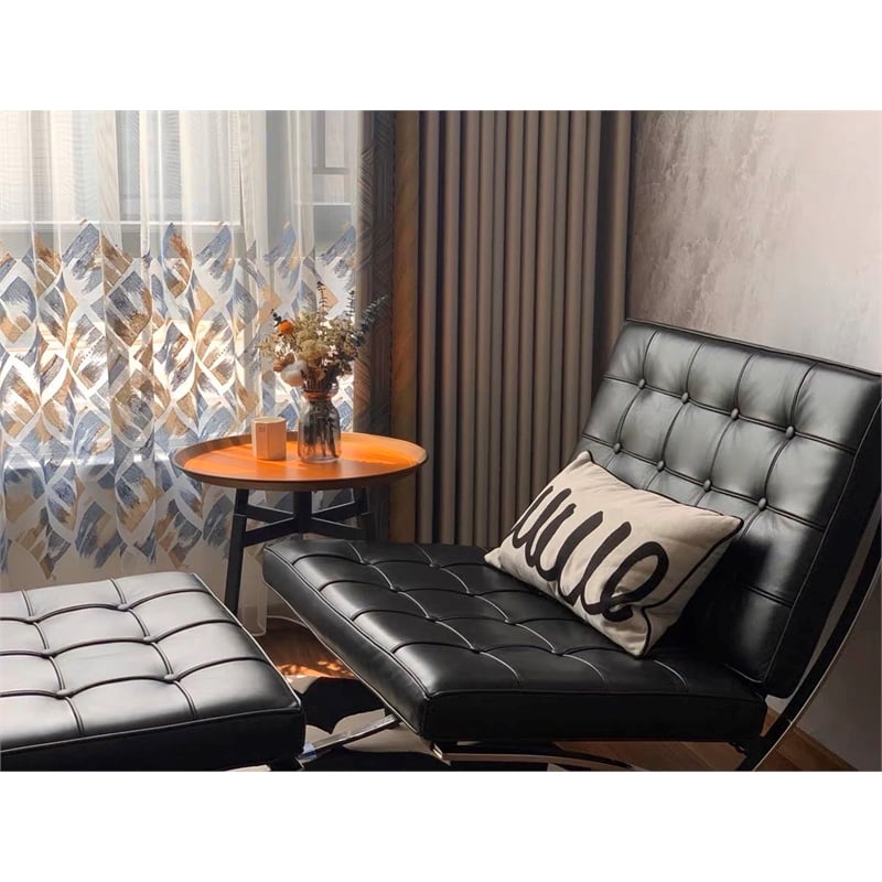 CRO Decor Genuine Leather Cowhide Tufted Accent Lounge Chair With Ottoman(Black)