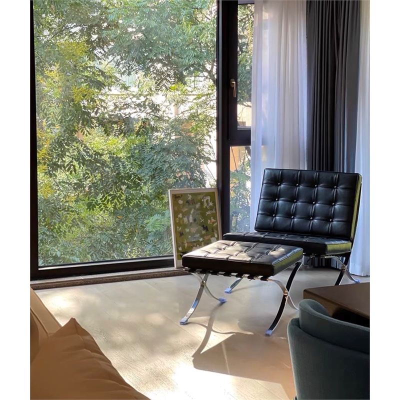 CRO Decor Genuine Leather Cowhide Tufted Accent Lounge Chair With Ottoman(Black)