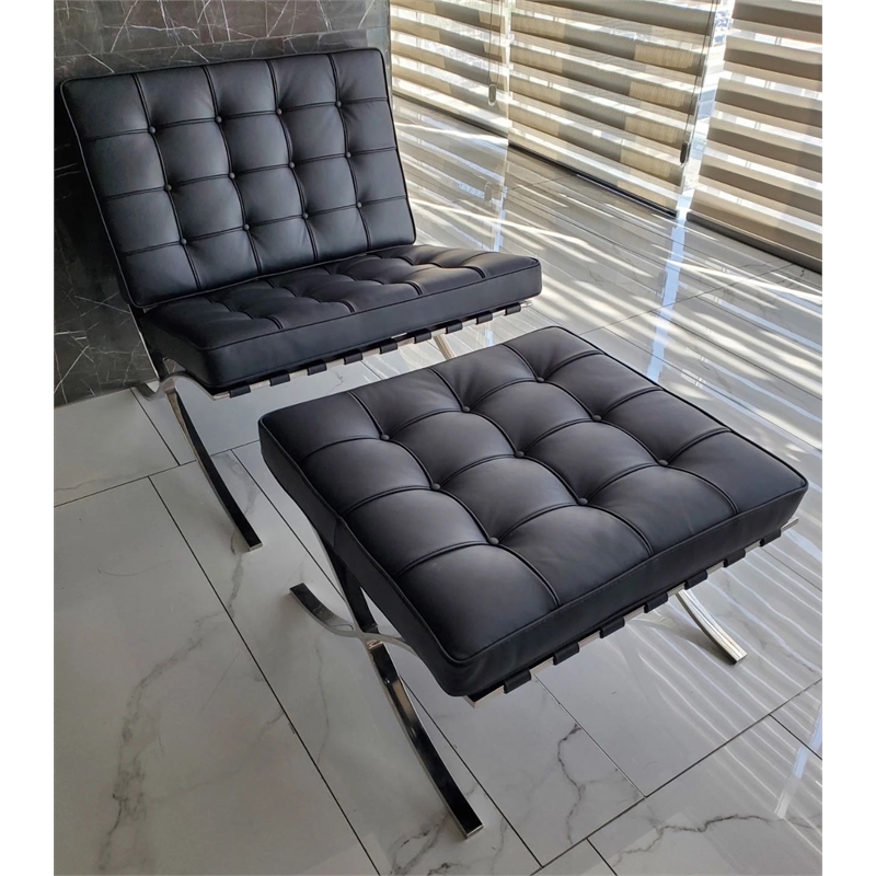 CRO Decor Genuine Leather Cowhide Tufted Accent Lounge Chair With Ottoman(Black)