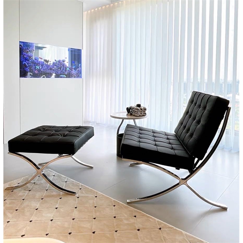 CRO Decor Genuine Leather Cowhide Tufted Accent Lounge Chair With Ottoman(Black)