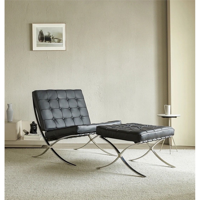 CRO Decor Genuine Leather Cowhide Tufted Accent Lounge Chair With Ottoman(Black)