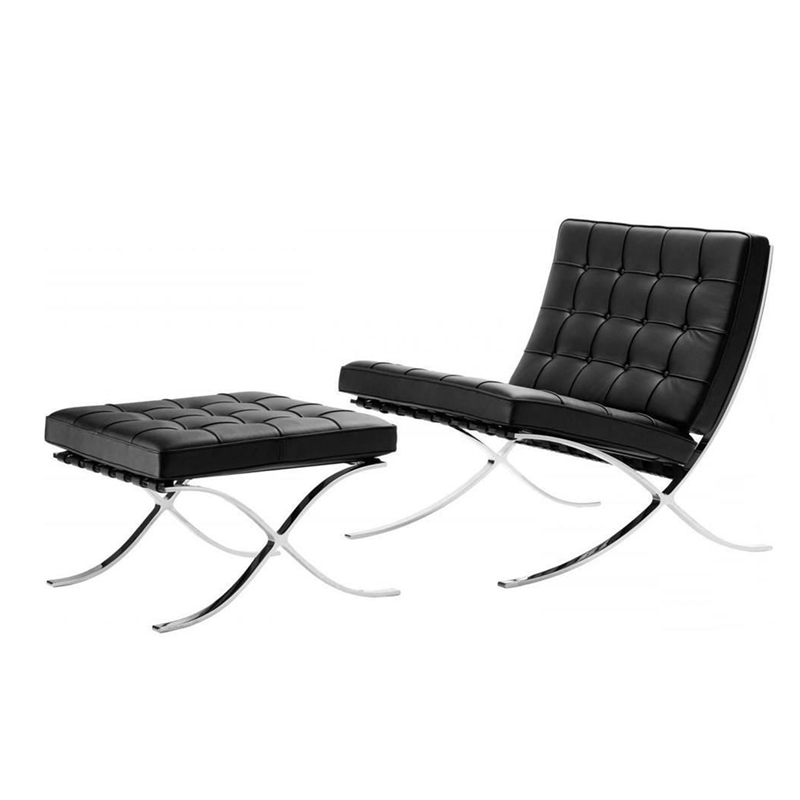 CRO Decor Genuine Leather Cowhide Tufted Accent Lounge Chair With Ottoman(Black)