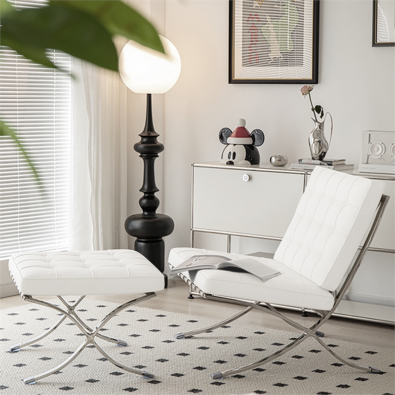 CRO Decor Genuine Leather Cowhide Tufted Accent Lounge Chair With Ottoman(White)