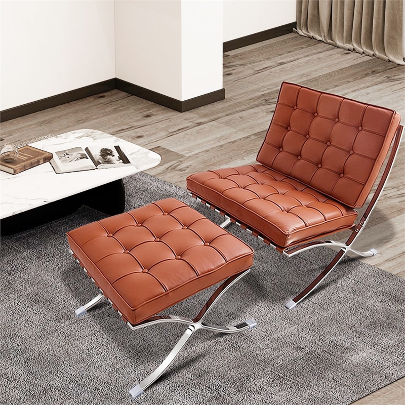 CRO Decor Genuine Leather Cowhide Tufted Accent Lounge Chair With Ottoman(Amber)