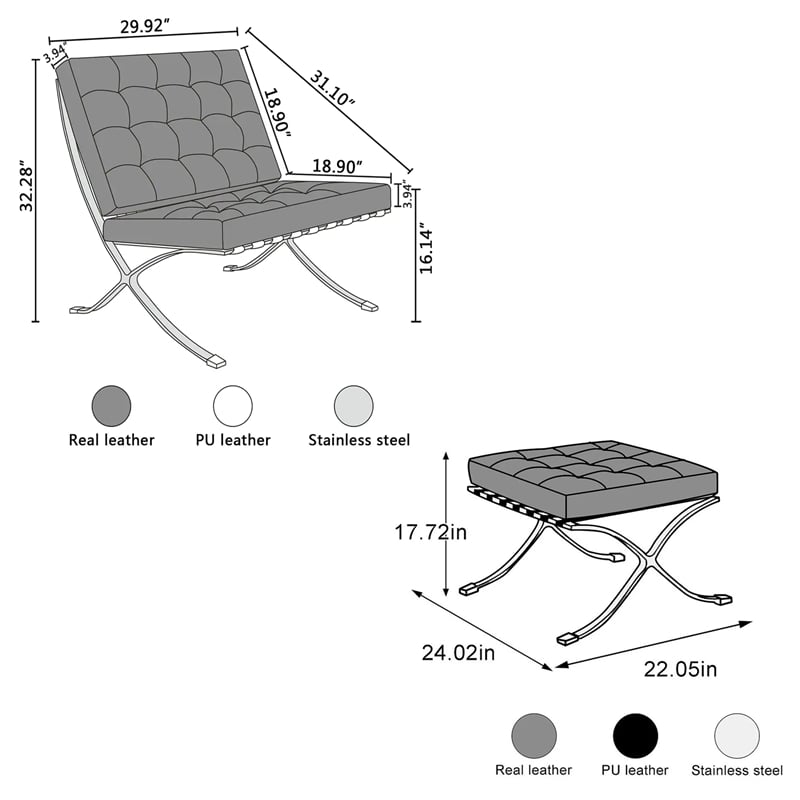 CRO Decor Genuine Leather Cowhide Tufted Accent Lounge Chair With Ottoman(Amber)