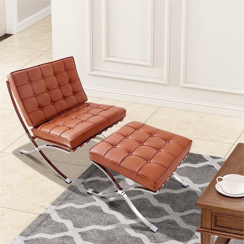 CRO Decor Genuine Leather Cowhide Tufted Accent Lounge Chair With Ottoman(Amber)