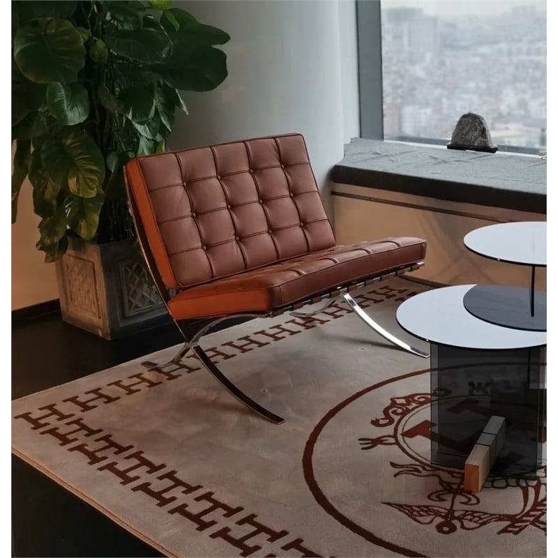 CRO Decor Genuine Leather Cowhide Tufted Accent Lounge Chair With Ottoman(Amber)