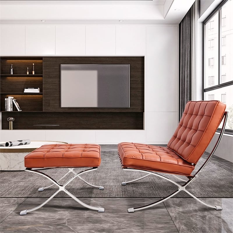 CRO Decor Genuine Leather Cowhide Tufted Accent Lounge Chair With Ottoman(Amber)