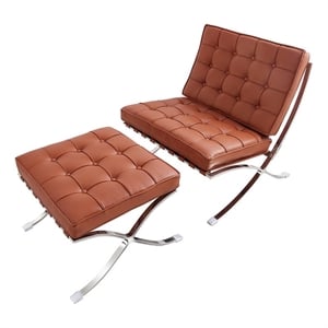 CRO Decor Genuine Leather Cowhide Tufted Accent Lounge Chair With Ottoman(Amber)