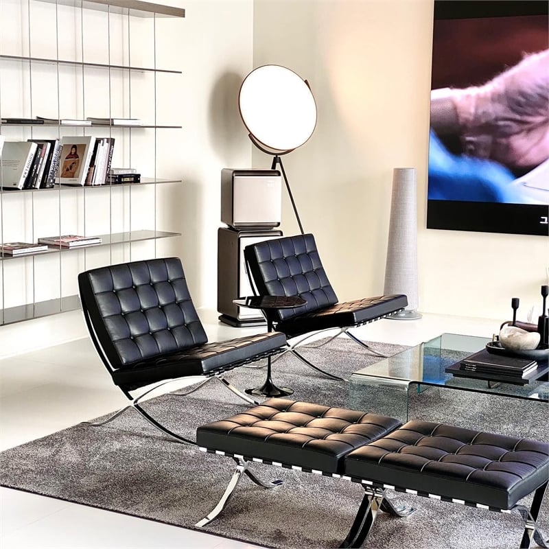 CRO Decor Modern Tufted Genuine Leather Ottoman Leisure Stool - Black