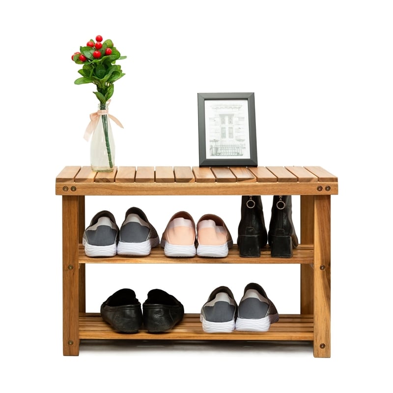 CRO Decor Acacia Wood Shoe Rack Bench Strong Weight Bearing Natural Color