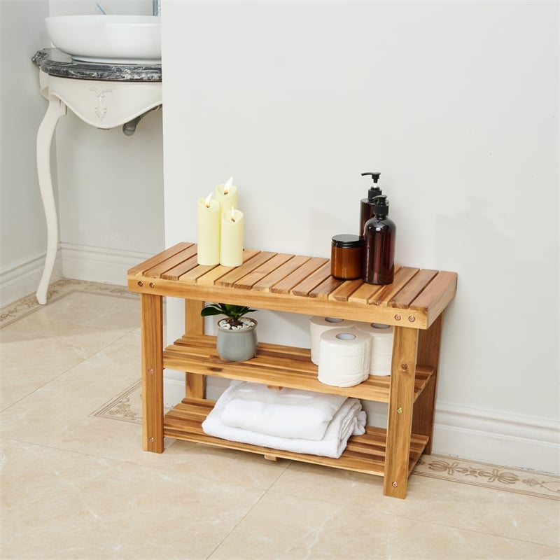 CRO Decor Acacia Wood Shoe Rack Bench Strong Weight Bearing Natural Color