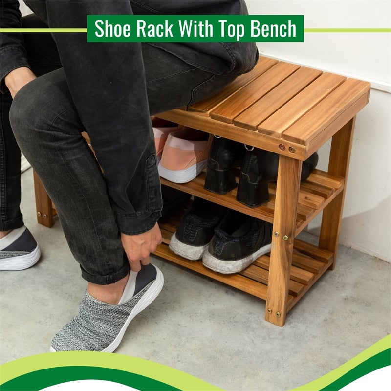 CRO Decor Acacia Wood Shoe Rack Bench Strong Weight Bearing Natural Color