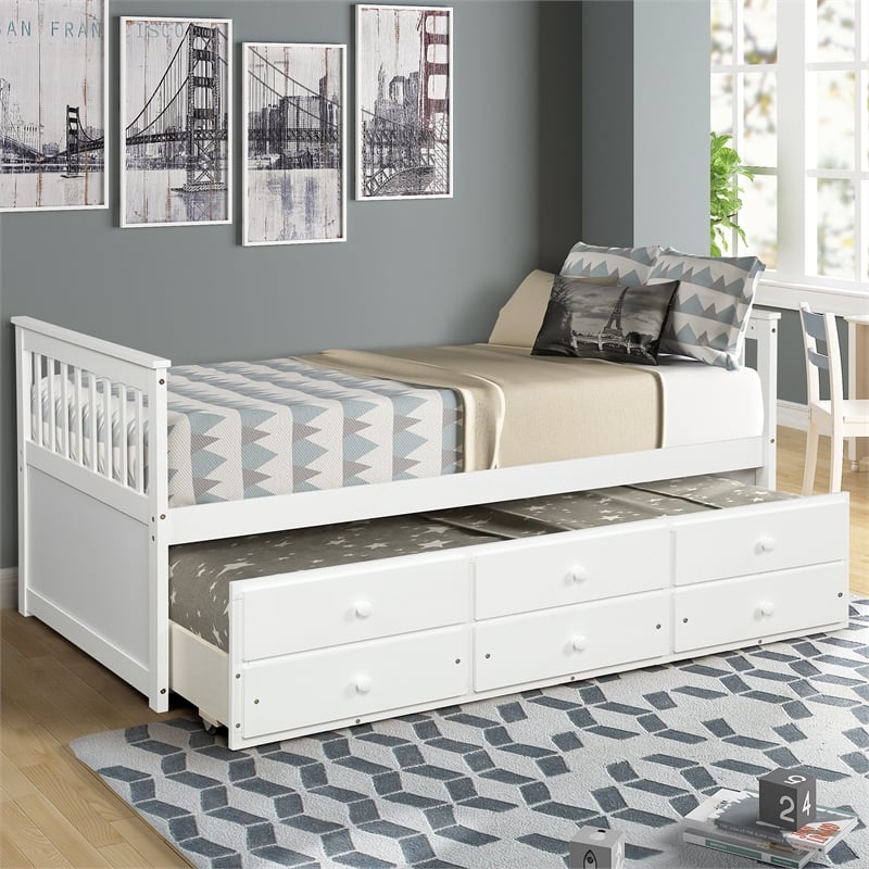 CRO Decor Captain's Bed Twin Daybed with Trundle Bed and Storage Drawers (White)