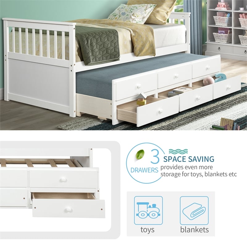CRO Decor Captain's Bed Twin Daybed with Trundle Bed and Storage Drawers (White)