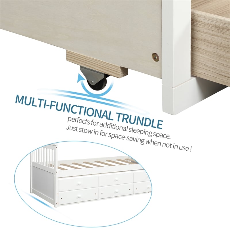 CRO Decor Captain's Bed Twin Daybed with Trundle Bed and Storage Drawers (White)