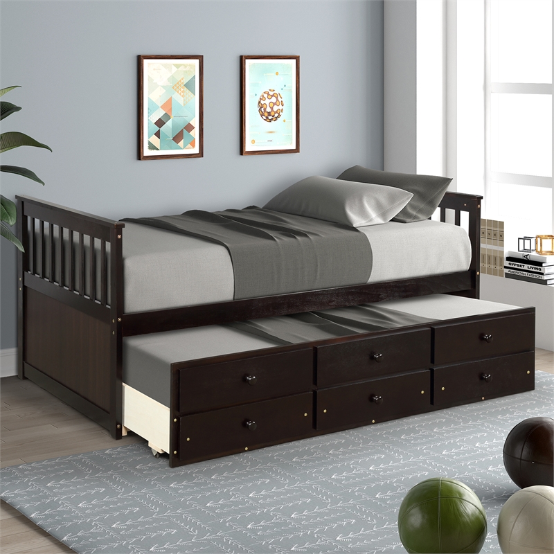 CRO Decor Captain's Bed Twin Daybed with Trundle Bed and Storage Drawer-Espresso