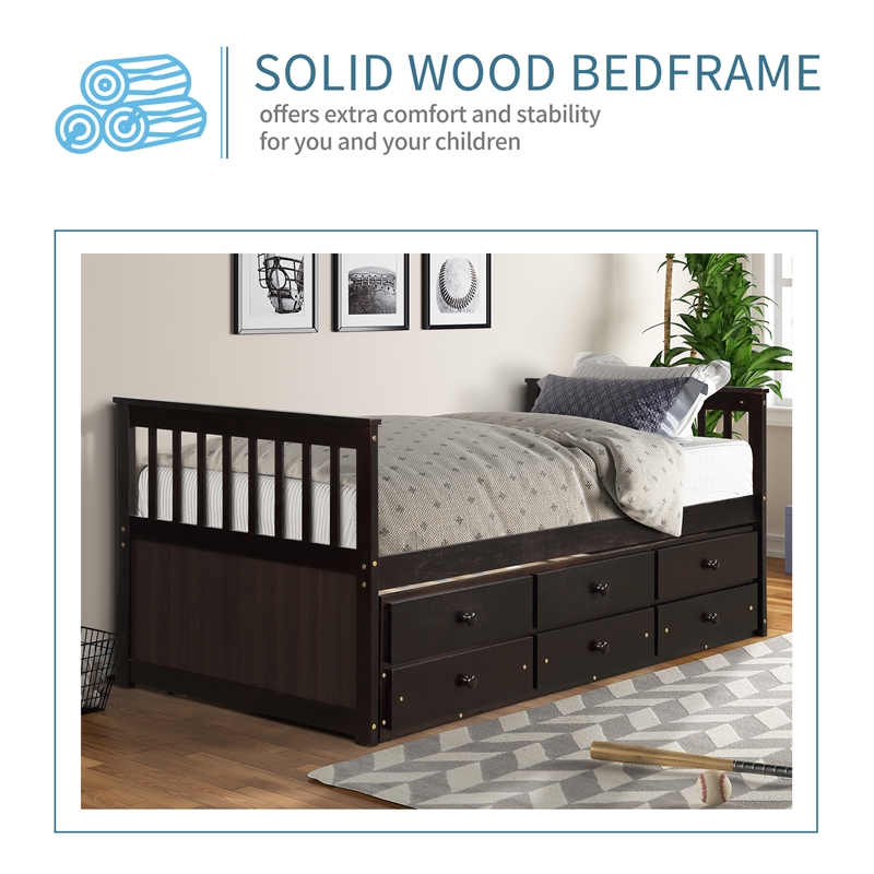 CRO Decor Captain's Bed Twin Daybed with Trundle Bed and Storage Drawer-Espresso