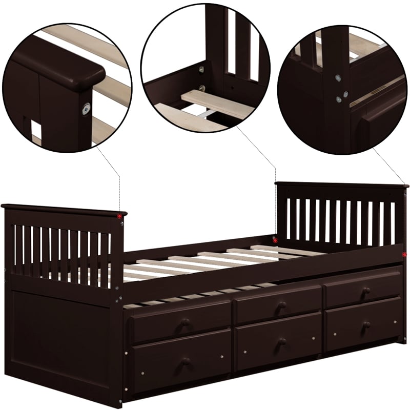 CRO Decor Captain's Bed Twin Daybed with Trundle Bed and Storage Drawer-Espresso