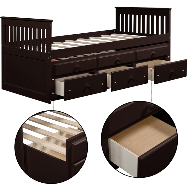 CRO Decor Captain's Bed Twin Daybed with Trundle Bed and Storage Drawer-Espresso