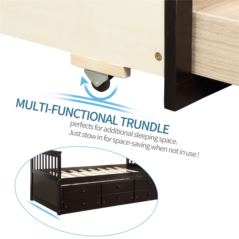CRO Decor Captain's Bed Twin Daybed with Trundle Bed and Storage Drawer-Espresso