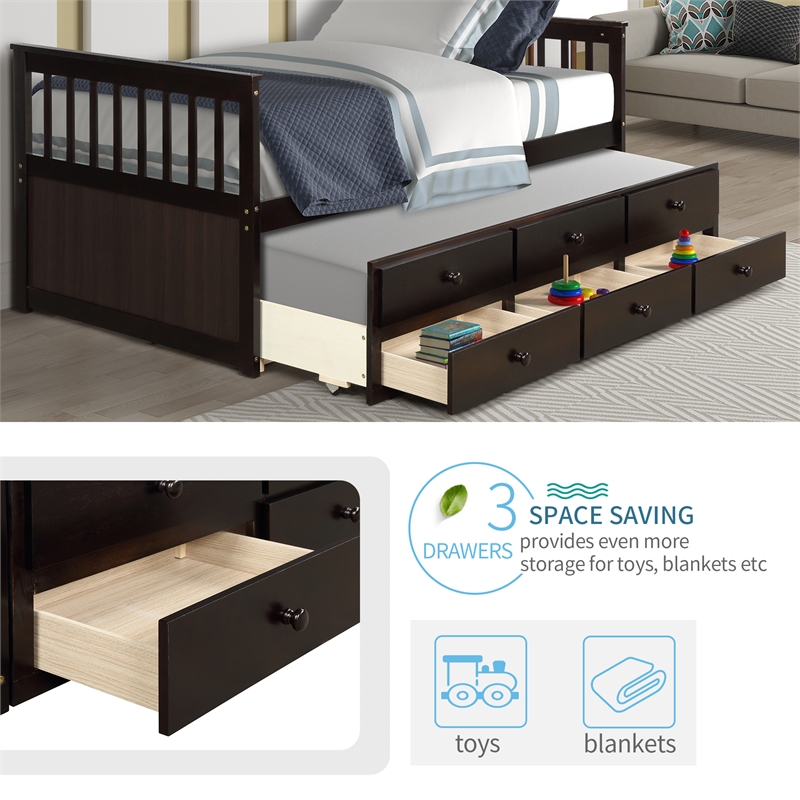 CRO Decor Captain's Bed Twin Daybed with Trundle Bed and Storage Drawer-Espresso