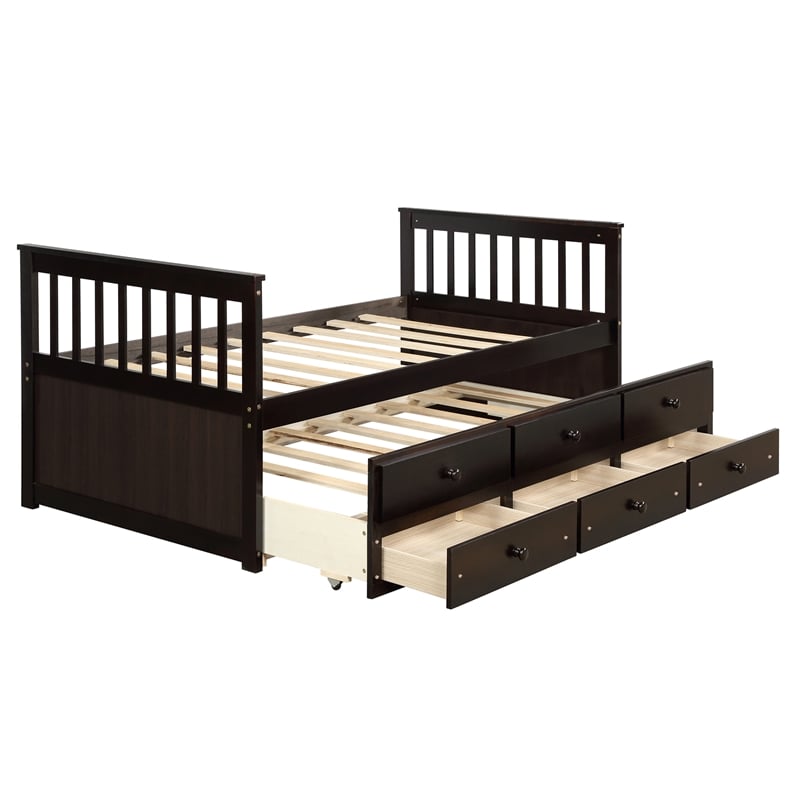CRO Decor Captain's Bed Twin Daybed with Trundle Bed and Storage Drawer-Espresso