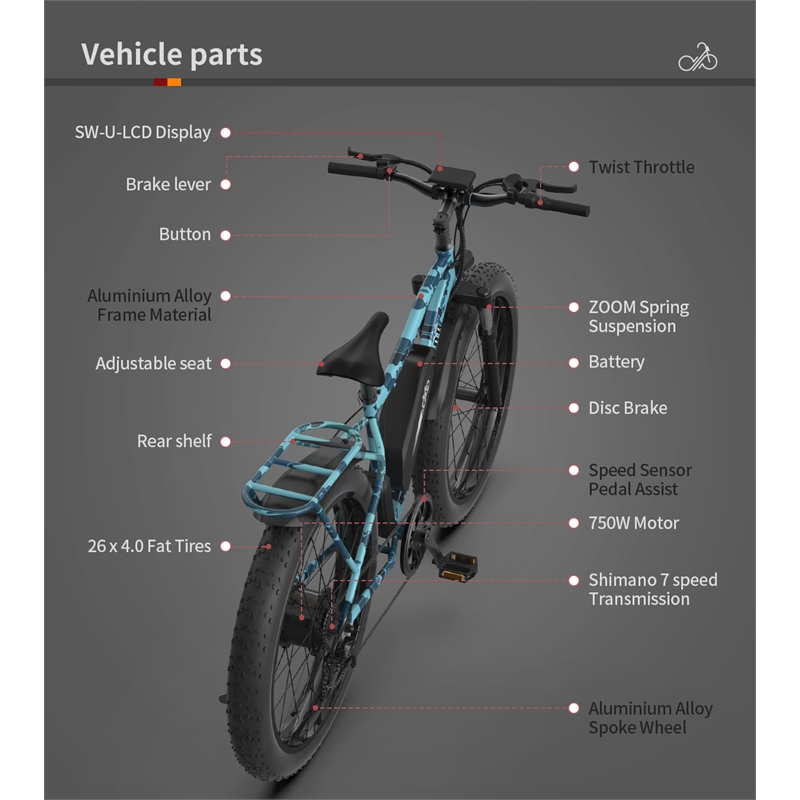 750W Electric Bike Fat Tire Removable Lithium Battery for Adults with  Fender