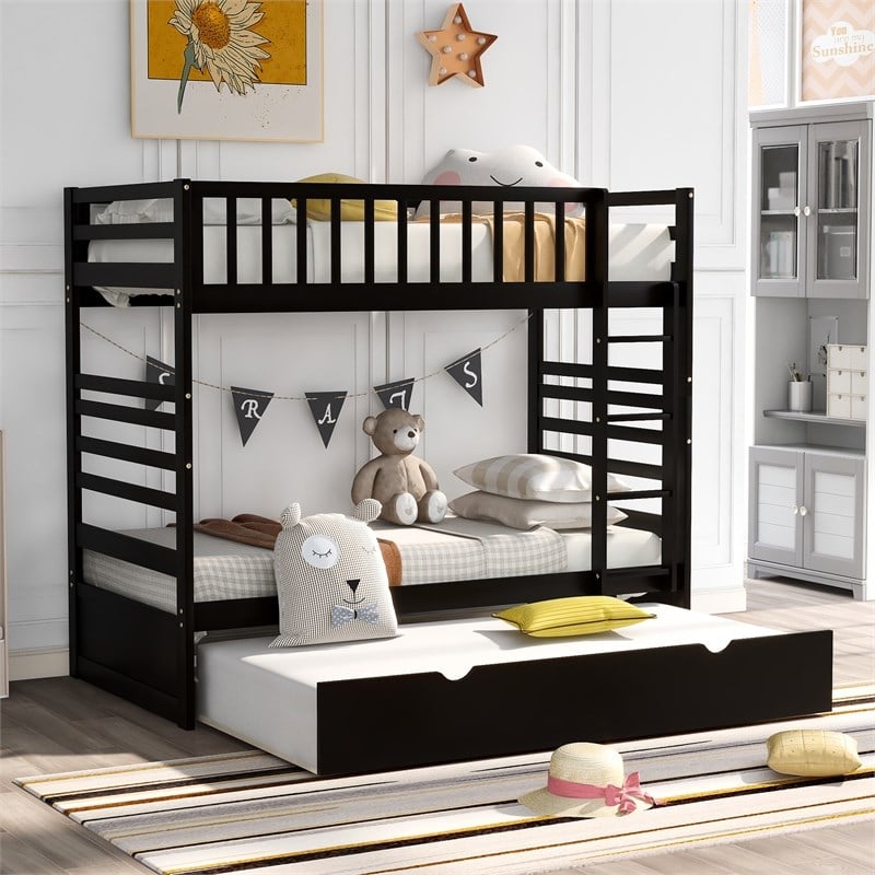 CRO Decor Twin Bunk Beds for Kids with Safety Rail and Movable Trundle Bed-Brown