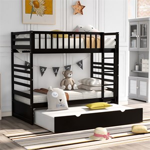 cro decor twin bunk beds for kids with safety rail and movable trundle bed-brown