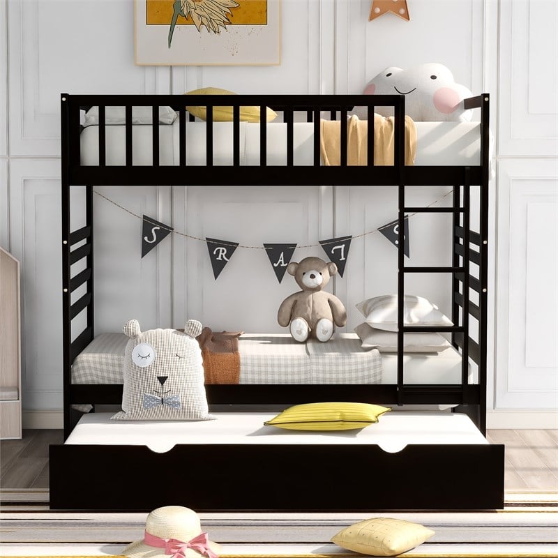 CRO Decor Twin Bunk Beds for Kids with Safety Rail and Movable Trundle Bed-Brown