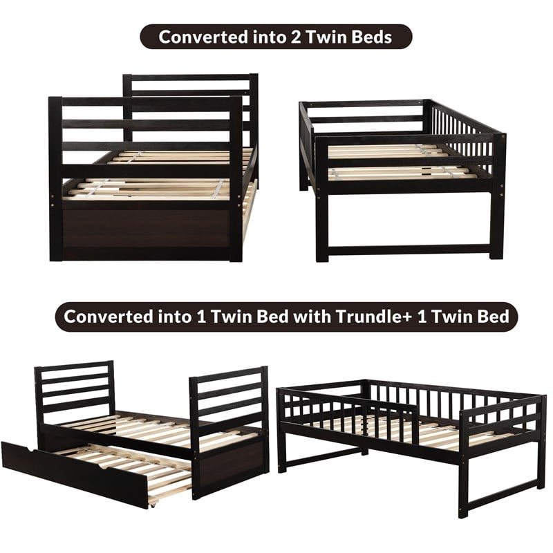 CRO Decor Twin Bunk Beds for Kids with Safety Rail and Movable Trundle Bed-Brown