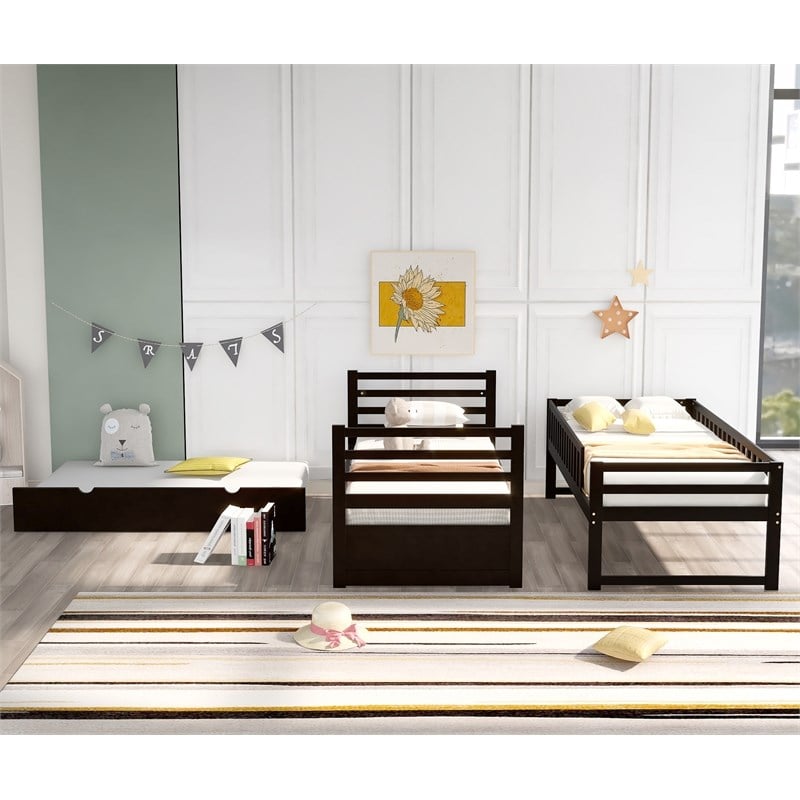 CRO Decor Twin Bunk Beds for Kids with Safety Rail and Movable Trundle Bed-Brown